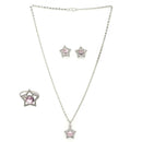 Rhodium Plated Silver Toned Star Pink & White American Diamond Studded Pendant Combo With Ring