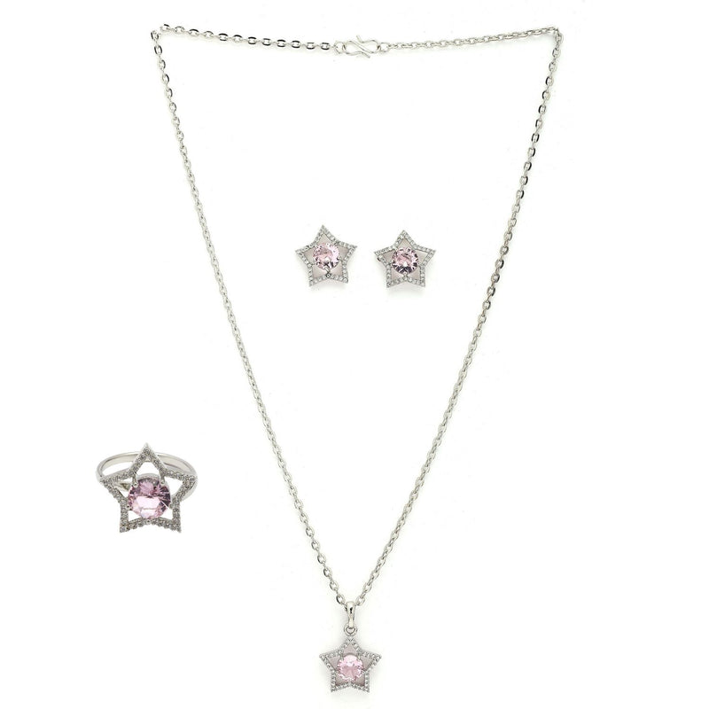 Rhodium Plated Silver Toned Star Pink & White American Diamond Studded Pendant Combo With Ring