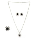 Rhodium Plated Silver Toned Square Shaped Black & White American Diamond Studded Pendant Combo With Ring