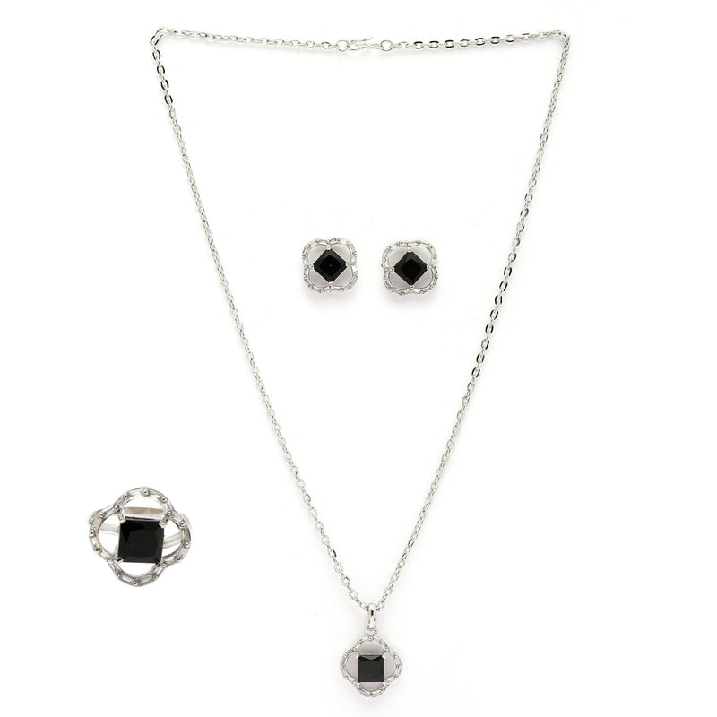 Rhodium Plated Silver Toned Square Shaped Black & White American Diamond Studded Pendant Combo With Ring
