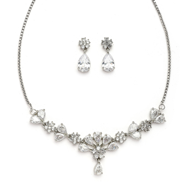 Rhodium Plated Silver Toned Floral Shaped White American Diamond Studded Jewellery Set