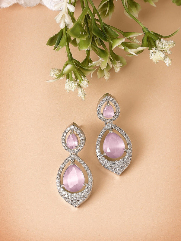 Rhodium Plated Silver Toned American Diamond Dual Teardrop Design Drop Earrings