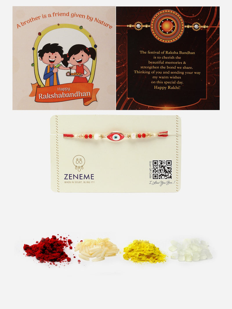 Gold Plated Gold Toned Red Evil Eye Rakhi For Brothers