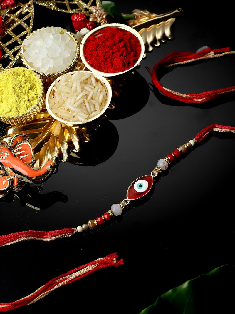 Gold Plated Gold Toned Red Evil Eye Rakhi For Brothers