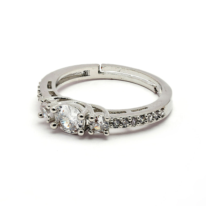 Rhodium Plated Silver Toned White American Diamond Studded Adjustable Ring