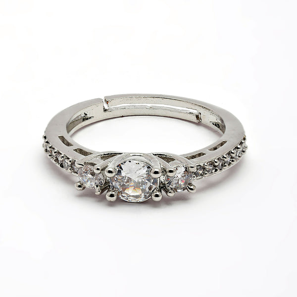 Rhodium Plated Silver Toned White American Diamond Studded Adjustable Ring