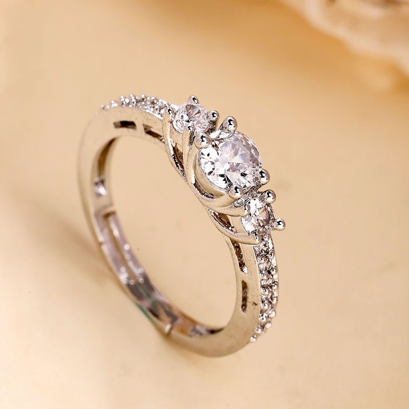 Rhodium Plated Silver Toned White American Diamond Studded Adjustable Ring