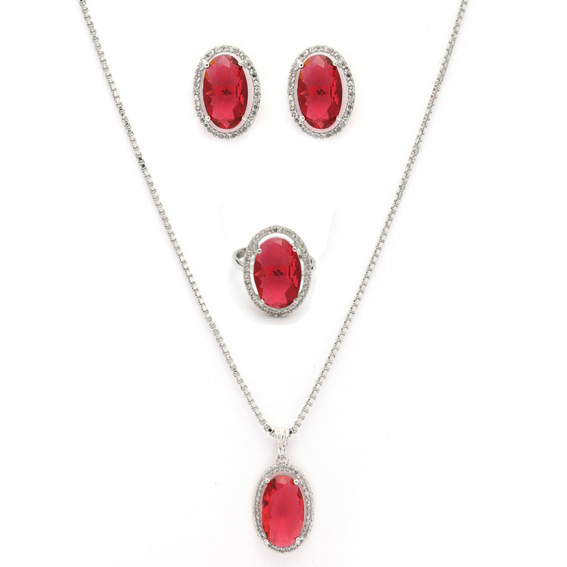 Rhodium Plated Silver Toned Red & White American Diamond Studded Oval Shaped Pendant Combo With Ring