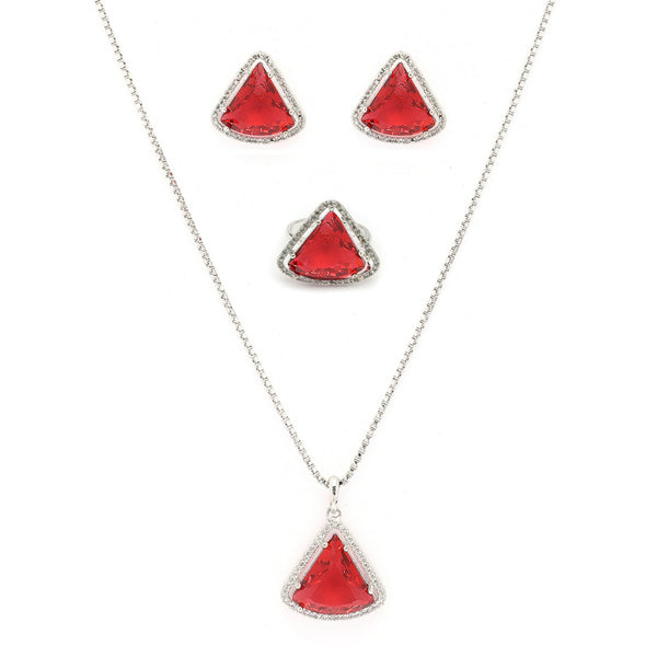 Rhodium Plated Silver Toned Red & White American Diamond Studded Triangular Shaped Pendant Combo With Ring