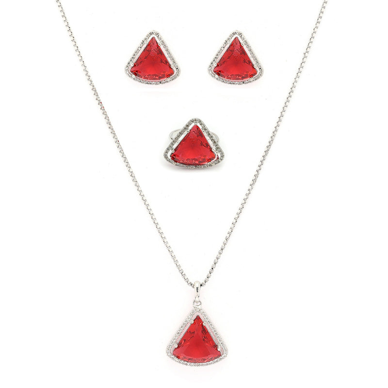 Rhodium Plated Silver Toned Red & White American Diamond Studded Triangular Shaped Pendant Combo With Ring