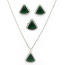 Rhodium Plated Silver Toned Green & White American Diamond Studded Triangular Shaped Pendant Combo With Ring