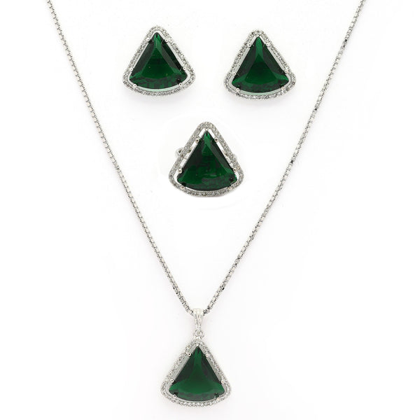 Rhodium Plated Silver Toned Green & White American Diamond Studded Triangular Shaped Pendant Combo With Ring