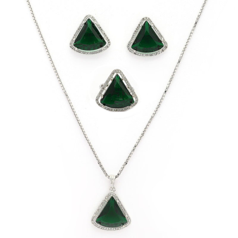 Rhodium Plated Silver Toned Green & White American Diamond Studded Triangular Shaped Pendant Combo With Ring