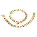 Gold Plated Red & Green Teardrop Cubic Zirconia Stone-Studded Anklets Set Of 2
