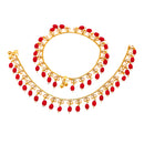 Gold Plated Round Shaped Red Kundan Studded Anklets Set Of 2
