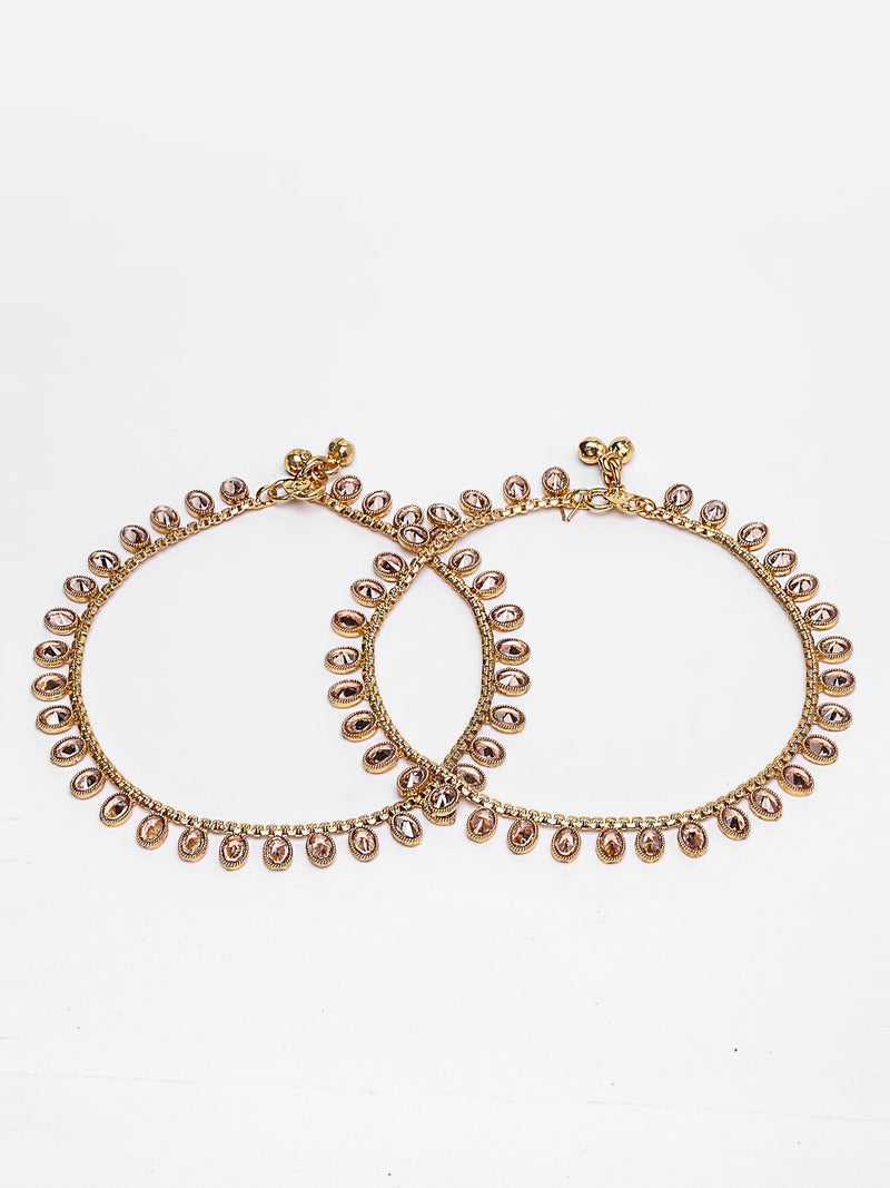 Gold Plated Peach Stone Studded Anklets
