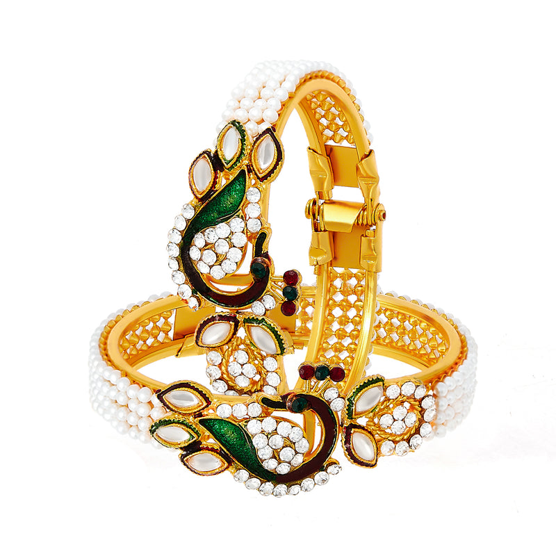 Gold-Plated Multicolor Peacock Design with Kundan & Pearl Stones Bracelet Kada