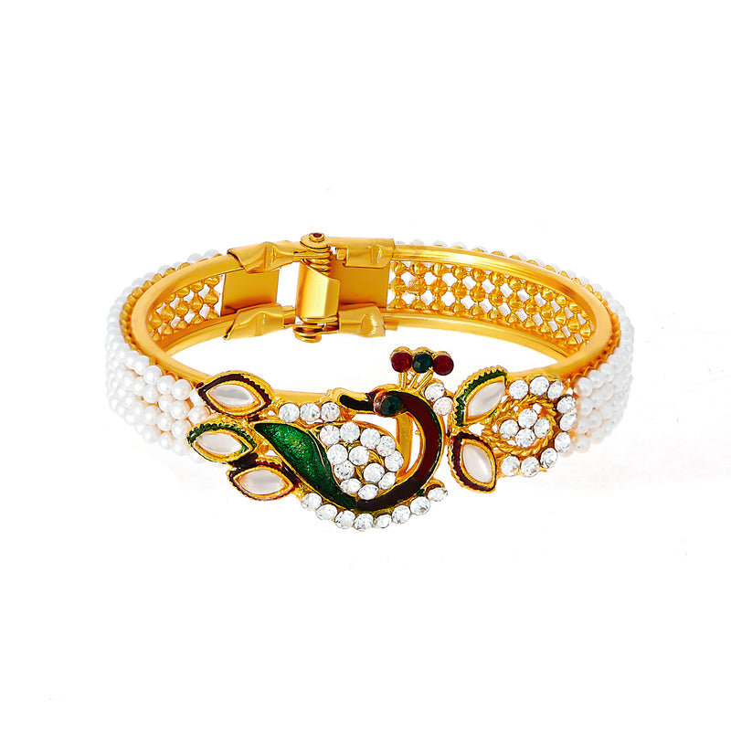 Gold-Plated Multicolor Peacock Design with Kundan & Pearl Stones Bracelet Kada