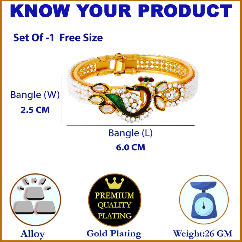 Gold-Plated Multicolor Peacock Design with Kundan & Pearl Stones Bracelet Kada