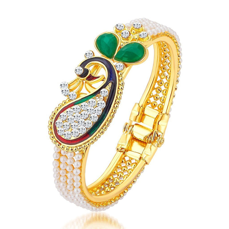 Gold-Plated Peacock Design with Kundan & Pearl Stones Bracelet Kada