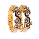 Gold-Plated Blue Peacock Design with Kundan & Pearl Stones Bracelet Kada