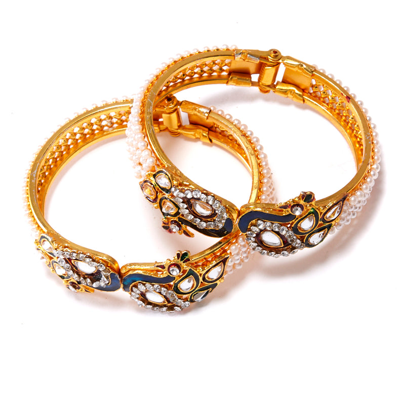 Gold-Plated Blue Peacock Design with Kundan & Pearl Stones Bracelet Kada