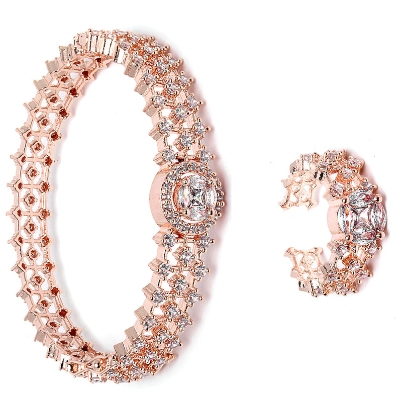 Rose Gold-Plated Round White American Diamond Studded Bangle & Ring Set