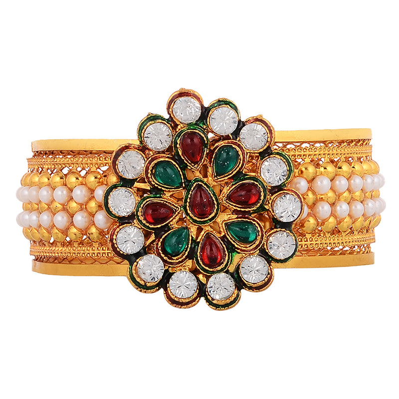 Floral Gold Plated Exquisite Cubic Zirconia Studded Sparkling Pearl Bracelet Kada Jewellery