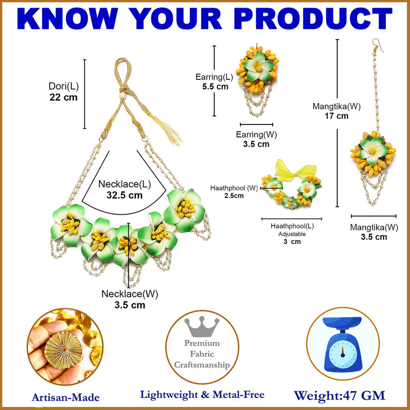 Gold-Plated Green-Yellow Floral White Pearls Beaded Haldi & Mehendi Jewellery Set with Maang Tikka & Haathphool