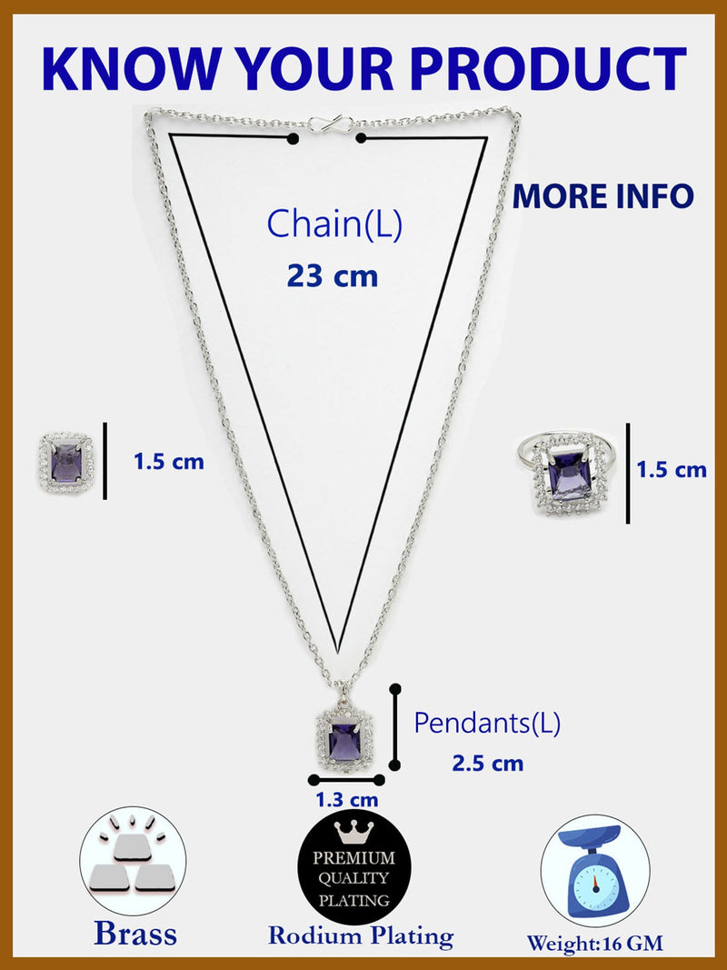 Rhodium Plated Silver Toned Square Shaped Violet American Diamond Studded Pendant Combo With Ring