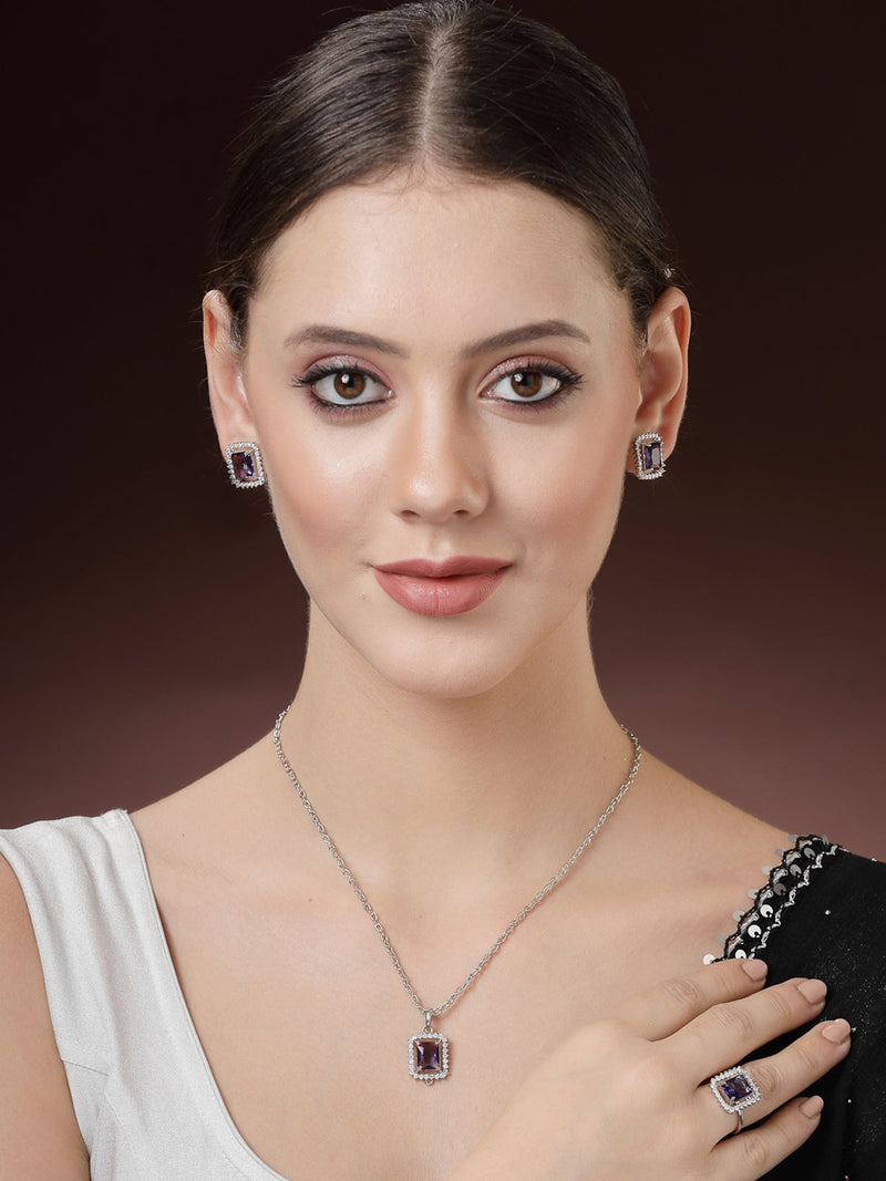 Rhodium Plated Silver Toned Square Shaped Violet American Diamond Studded Pendant Combo With Ring