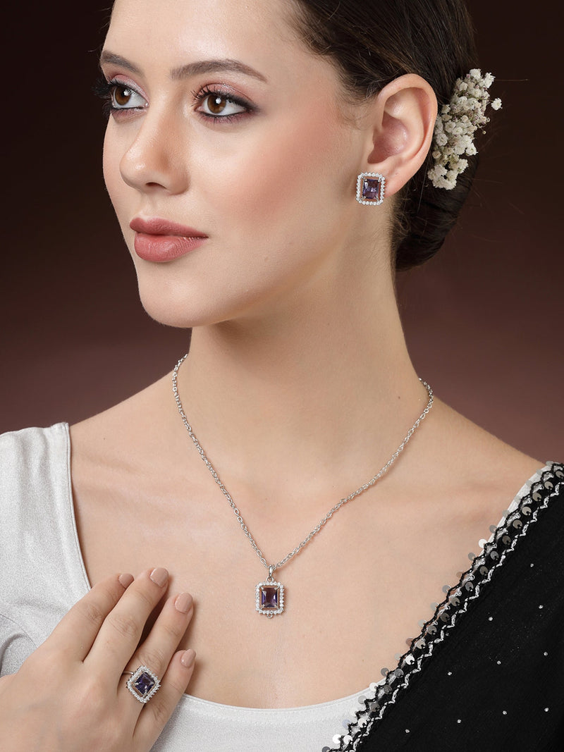 Rhodium Plated Silver Toned Square Shaped Violet American Diamond Studded Pendant Combo With Ring