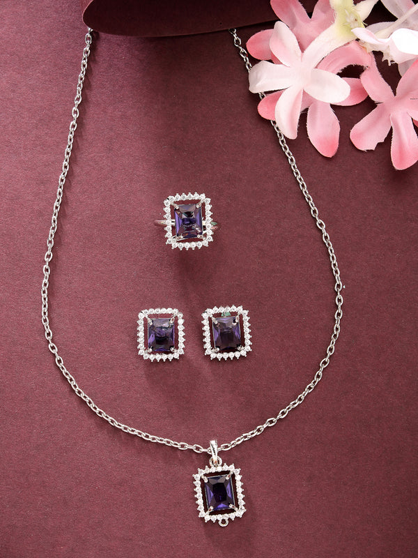 Rhodium Plated Silver Toned Square Shaped Violet American Diamond Studded Pendant Combo With Ring