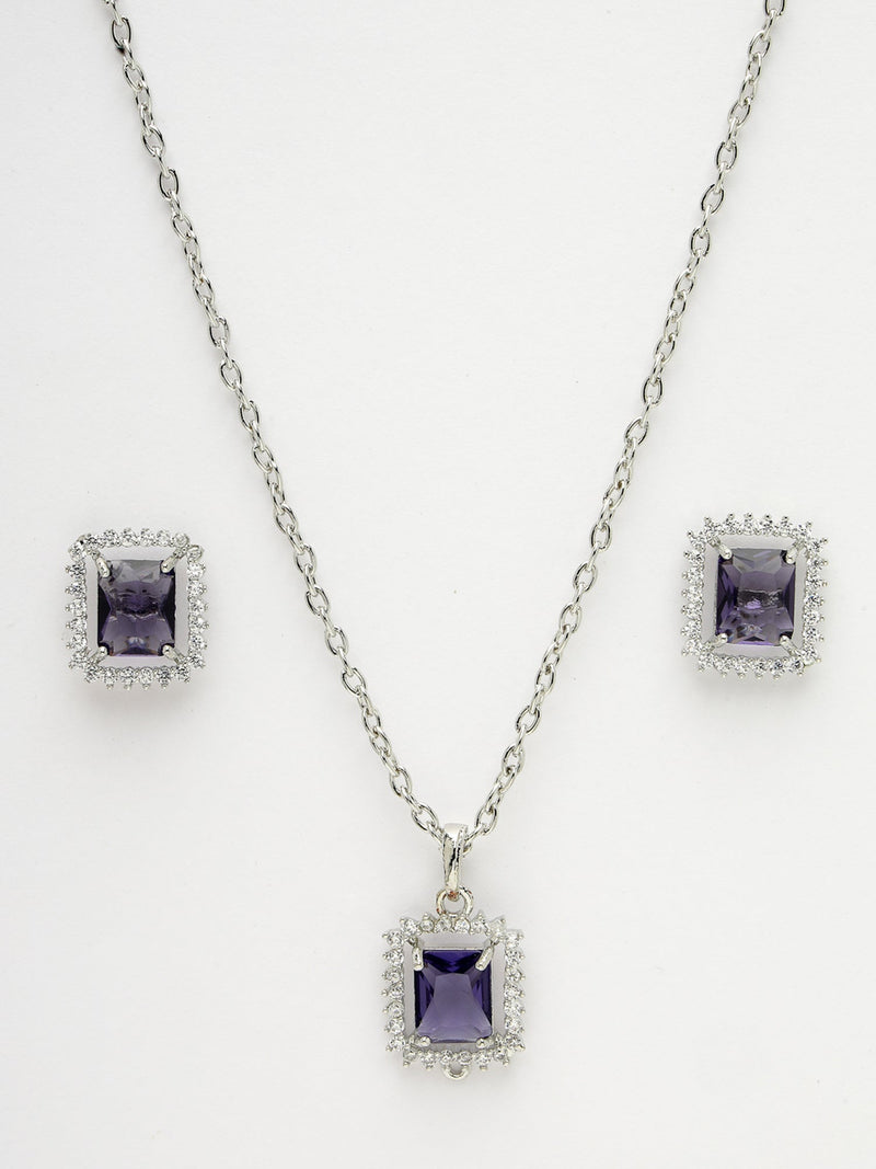 Rhodium Plated Silver Toned Square Shaped Violet American Diamond Studded Pendant Combo With Ring