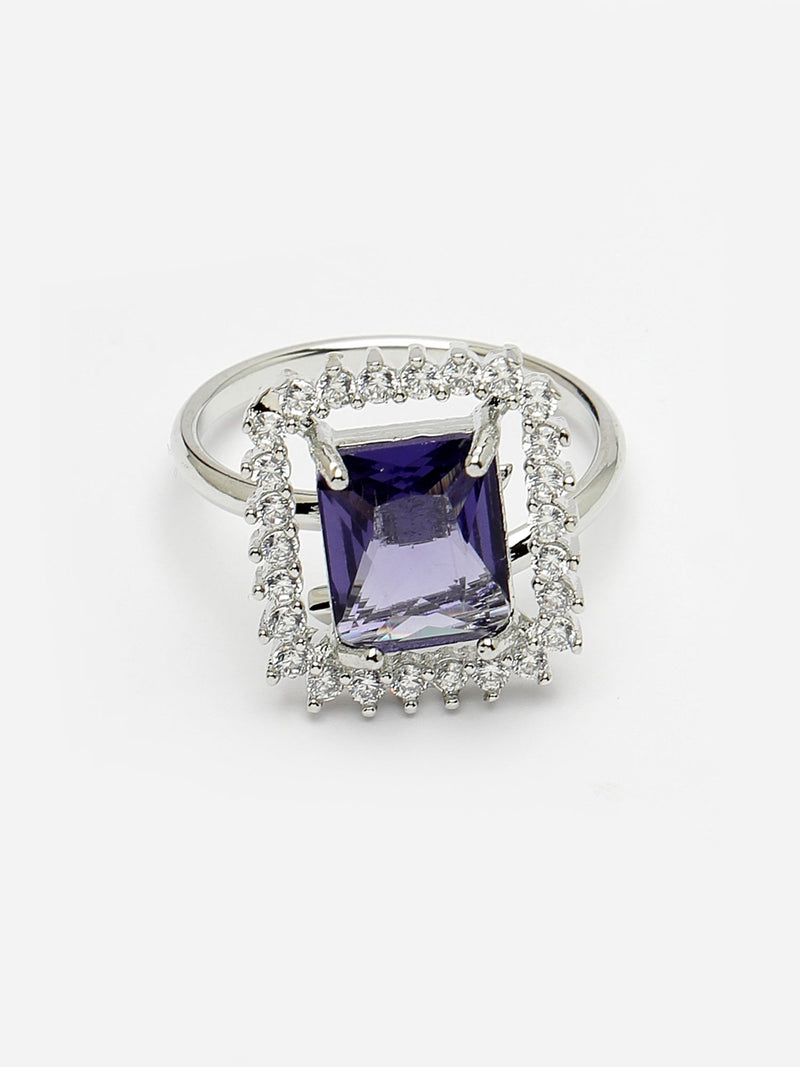 Rhodium Plated Silver Toned Square Shaped Violet American Diamond Studded Pendant Combo With Ring