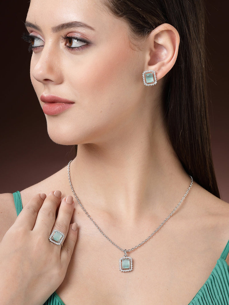 Rhodium Plated Silver Toned Square Shaped Sea Blue American Diamond Studded Pendant Combo With Ring
