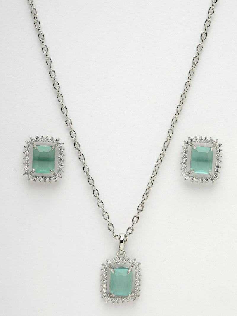 Rhodium Plated Silver Toned Square Shaped Sea Blue American Diamond Studded Pendant Combo With Ring