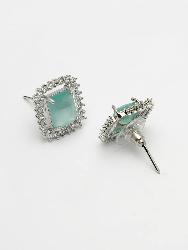 Rhodium Plated Silver Toned Square Shaped Sea Blue American Diamond Studded Pendant Combo With Ring