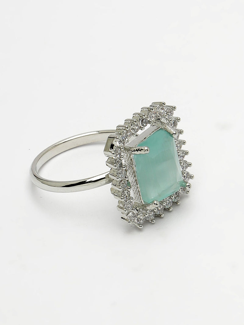 Rhodium Plated Silver Toned Square Shaped Sea Blue American Diamond Studded Pendant Combo With Ring
