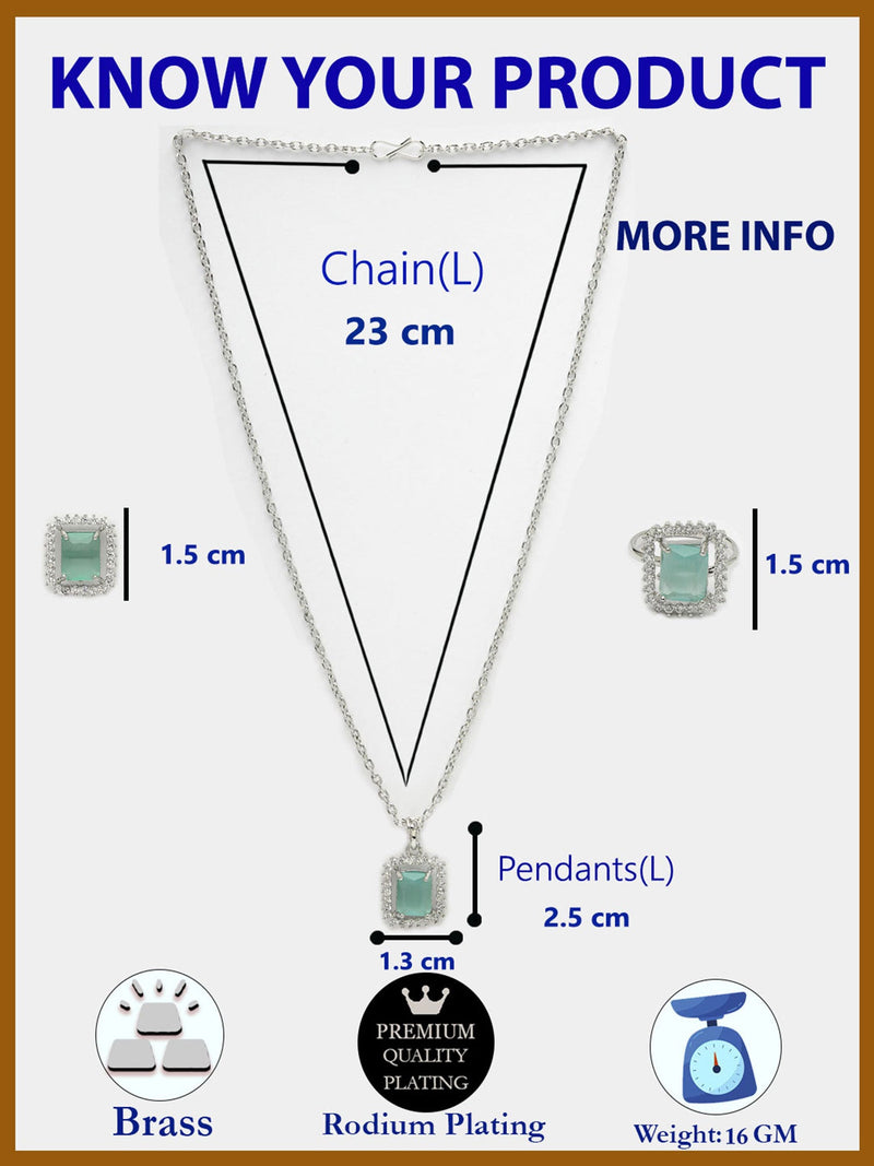 Rhodium Plated Silver Toned Square Shaped Sea Blue American Diamond Studded Pendant Combo With Ring