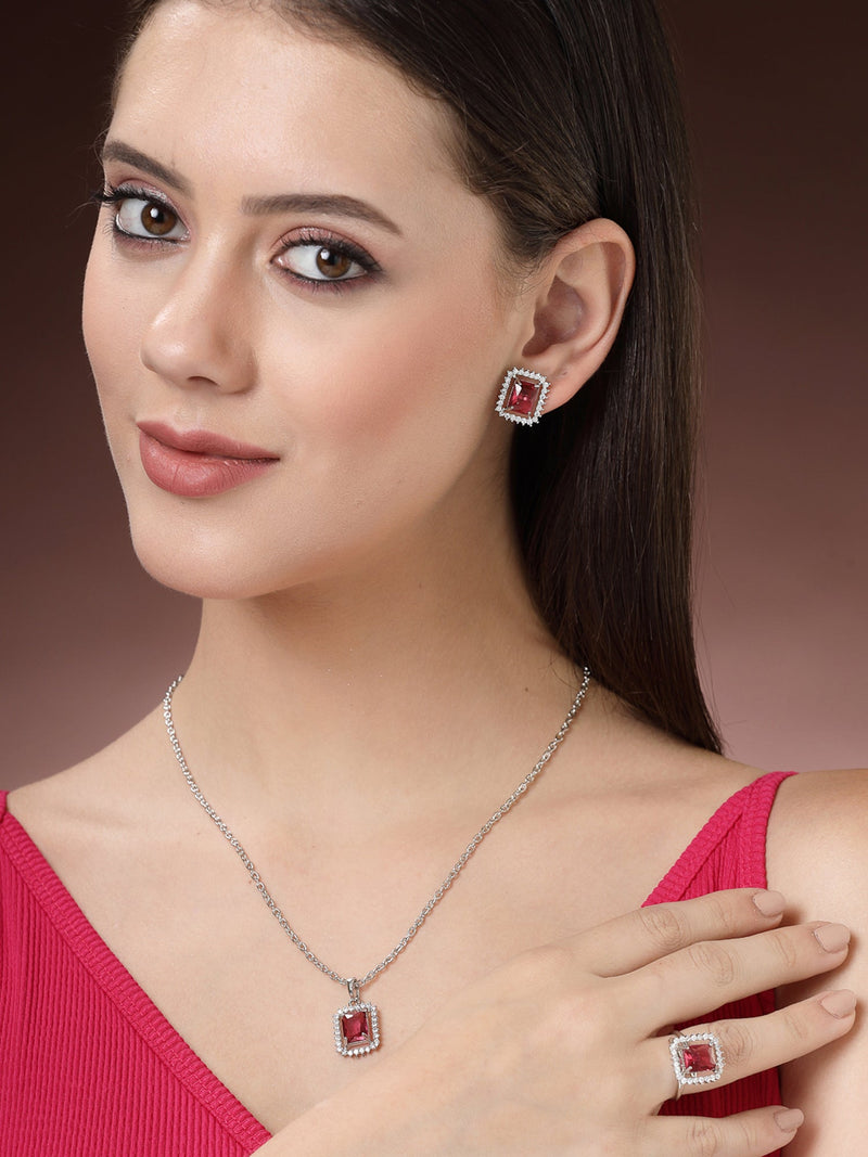 Rhodium Plated Silver Toned Square Shaped Ruby Red American Diamond Studded Pendant Combo With Ring