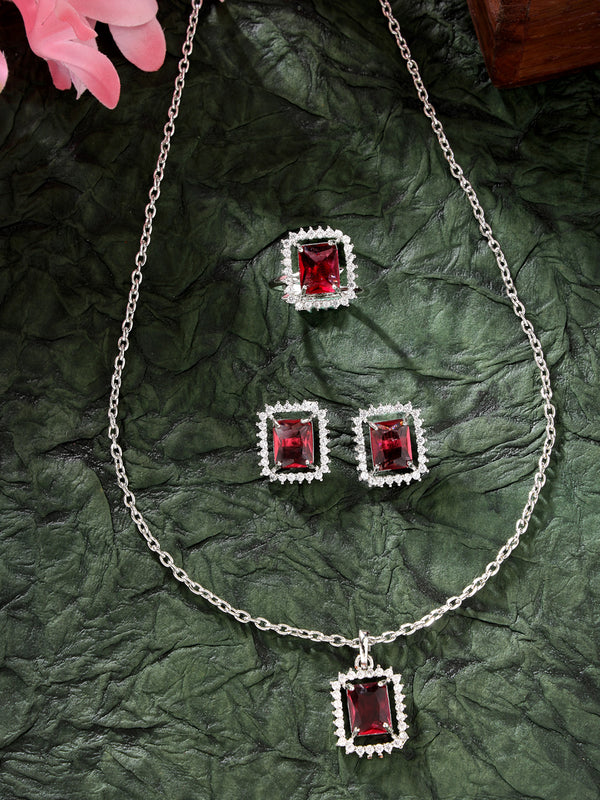 Rhodium Plated Silver Toned Square Shaped Ruby Red American Diamond Studded Pendant Combo With Ring