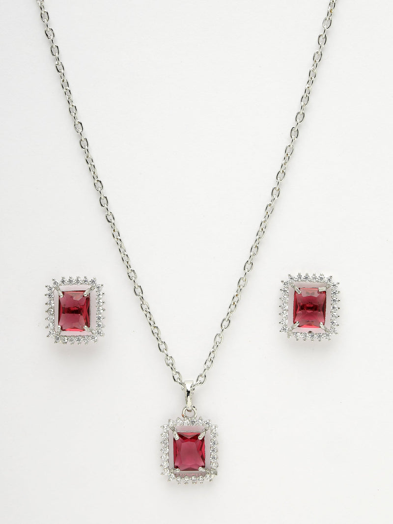 Rhodium Plated Silver Toned Square Shaped Ruby Red American Diamond Studded Pendant Combo With Ring