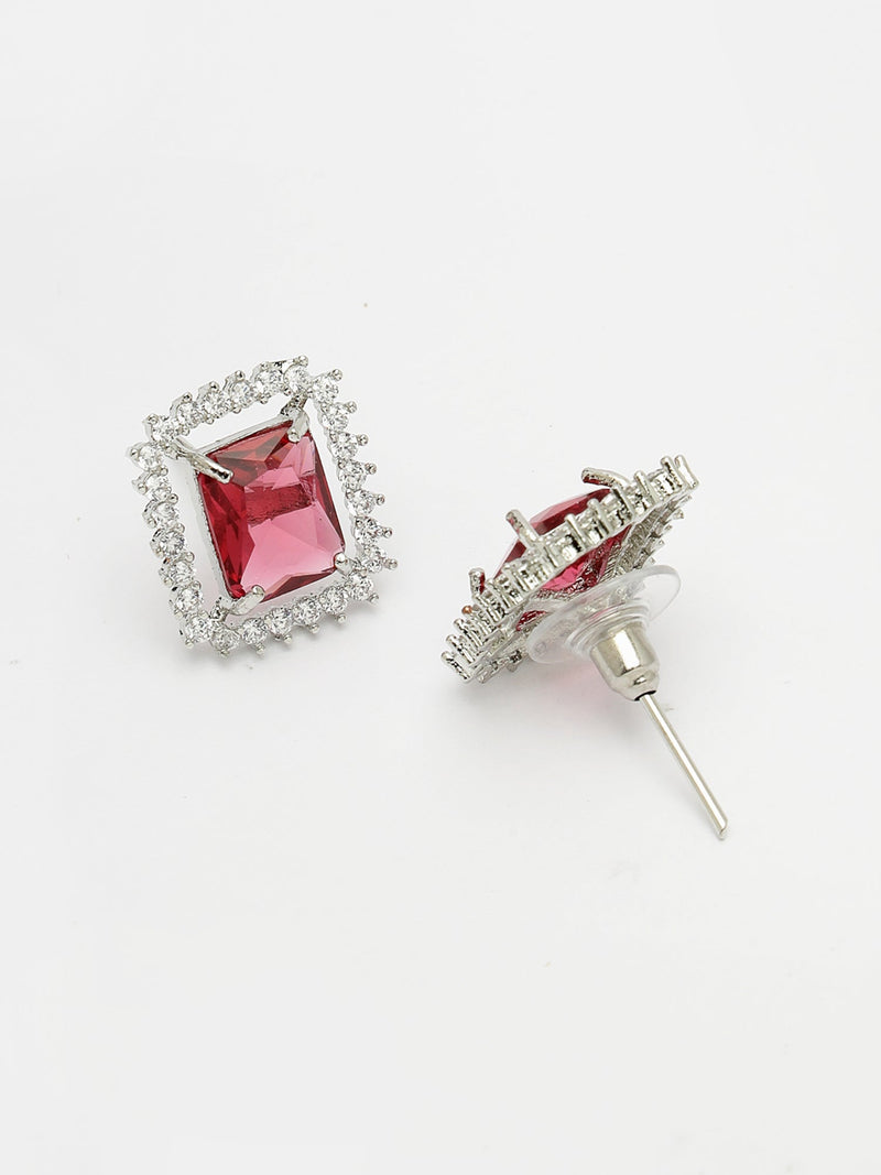 Rhodium Plated Silver Toned Square Shaped Ruby Red American Diamond Studded Pendant Combo With Ring
