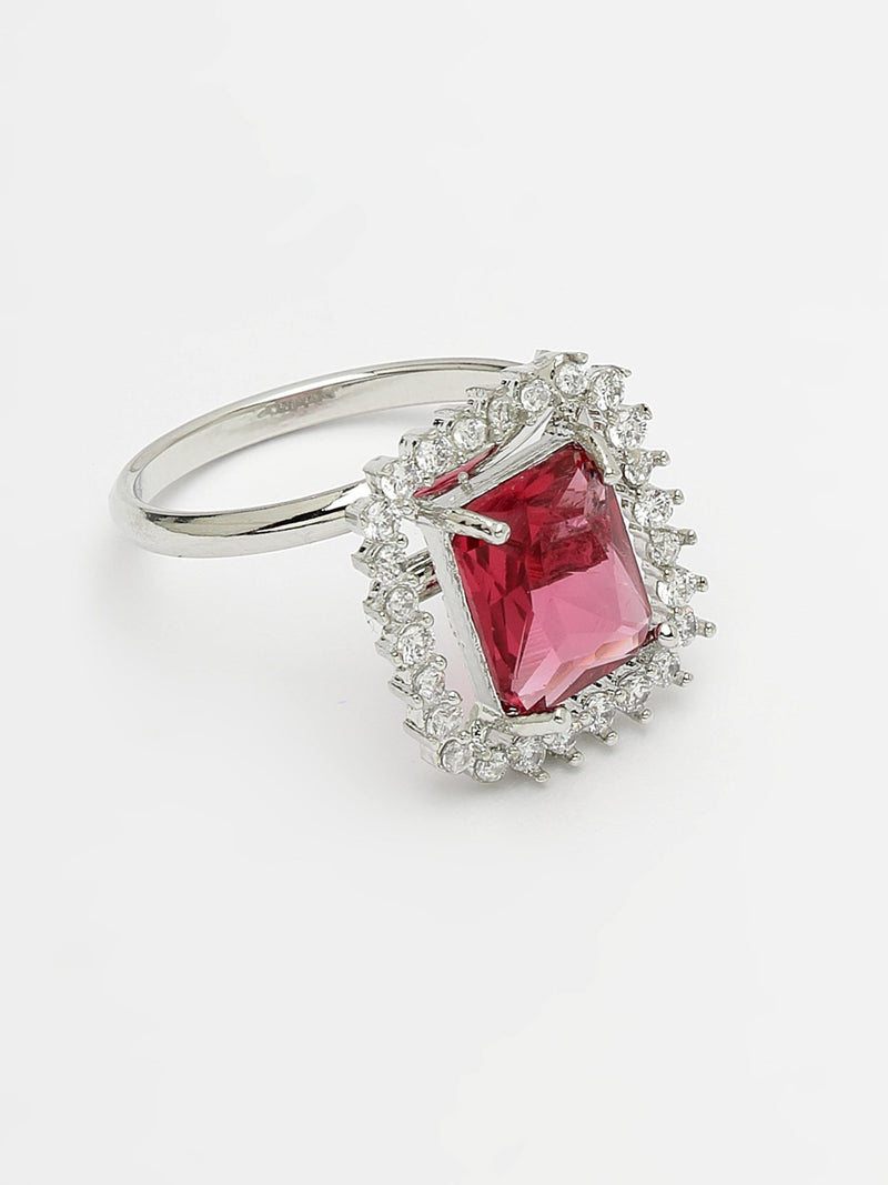 Rhodium Plated Silver Toned Square Shaped Ruby Red American Diamond Studded Pendant Combo With Ring