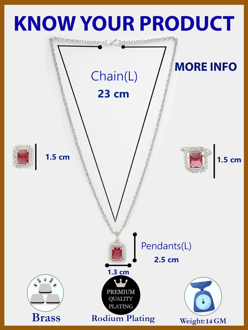 Rhodium Plated Silver Toned Square Shaped Ruby Red American Diamond Studded Pendant Combo With Ring