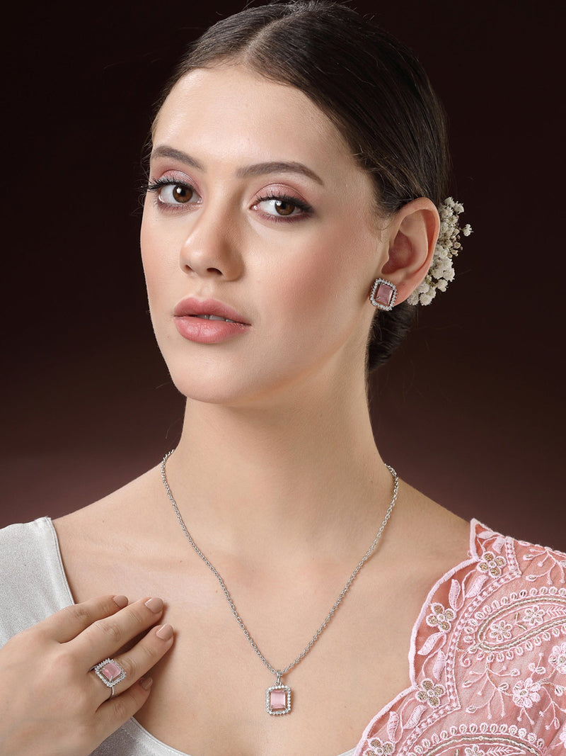 Rhodium Plated Silver Toned Square Shaped Pink American Diamond Studded Pendant Combo With Ring