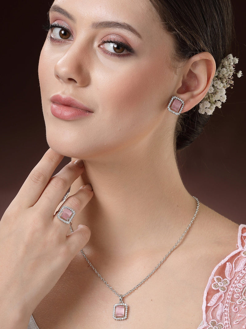 Rhodium Plated Silver Toned Square Shaped Pink American Diamond Studded Pendant Combo With Ring