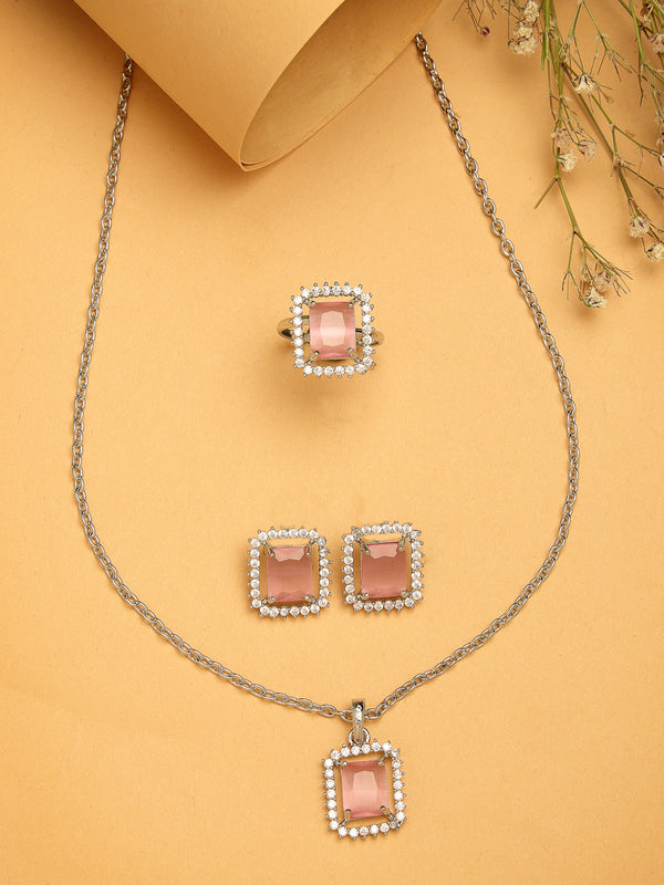 Rhodium Plated Silver Toned Square Shaped Pink American Diamond Studded Pendant Combo With Ring