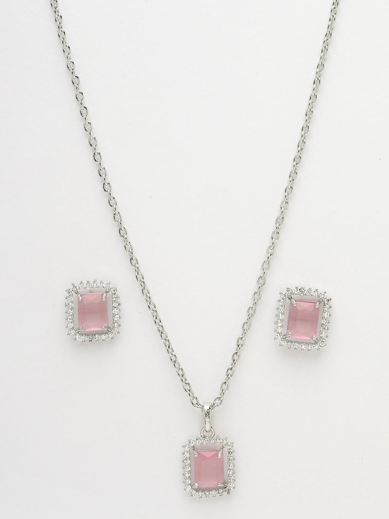 Rhodium Plated Silver Toned Square Shaped Pink American Diamond Studded Pendant Combo With Ring